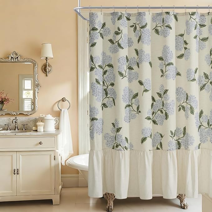 ORTIGIA Linen Textured Ruffle Shower Curtain with Metal Hooks, Vintage Blue Floral Hydrangea Boho Waterproof Bath Curtain for Rustic Farmhouse Bathroom Decor 72x72 Inch