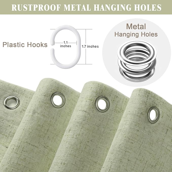Linen Shower Curtain Flax Green, Fabric Boho Farmhouse Shower Curtains for Bathroom Cotton Natural Cloth Liner Set 48" W x 72" L