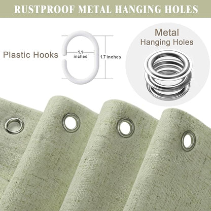 Linen Shower Curtain Flax Green, Fabric Boho Farmhouse Shower Curtains for Bathroom Cotton Natural Cloth Liner Set 54" W x 72" L
