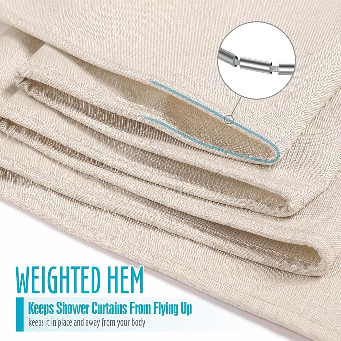 Ga-Geetopia Extra Long Linen Textured Shower Curtain Set with Hooks, Beige Boho Farmhouse Bath Shower Curtains for Bathroom Neutral Cloth, Hotel Luxury, Weighted, 72W x 84L, Cream