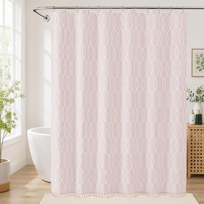 OVZME Pink Shower Curtain for Bathroom, Puff Printed Textured Shower Curtain with Tassels, Rustic Geometry Heavy Duty Vintage Country Bathroom Curtain, Water Resistant Fabric, 72Wx72L Inches