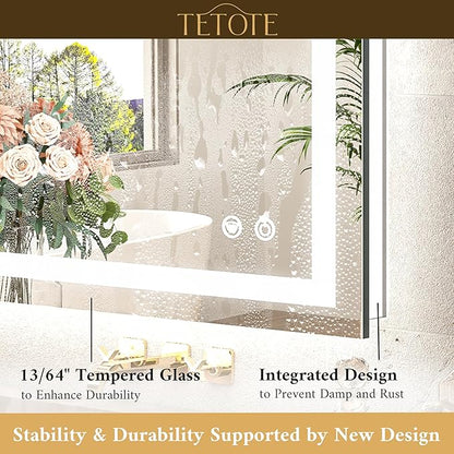 TETOTE 55 x 30 LED Bathroom Mirror with Frontlit and Backlit, Brighter Light up Bathroom Vanity Mirror with Lights, 3-Color Dimmable Lighted Vanity Anti Fog Mirror, Waterproof, Shatterproof