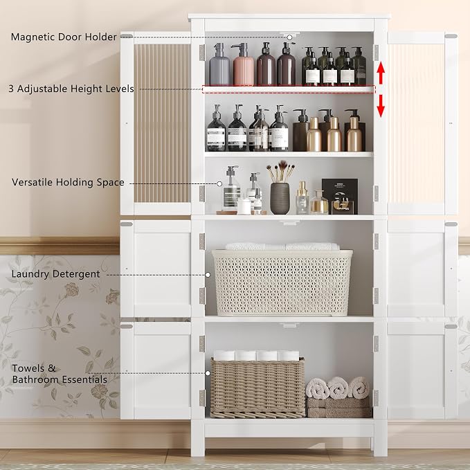 Akxomel 53.1" Tall Bathroom Cabinet 6 Doors Linen Floor Storage Cabinet | Bathroom Floor Cabinet with Adjustable Shelf, Pantry Cabinet for Living Room, Kitchen, Entryway, White
