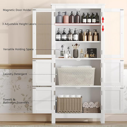 Akxomel 53.1" Tall Bathroom Cabinet 6 Doors Linen Floor Storage Cabinet | Bathroom Floor Cabinet with Adjustable Shelf, Pantry Cabinet for Living Room, Kitchen, Entryway, White
