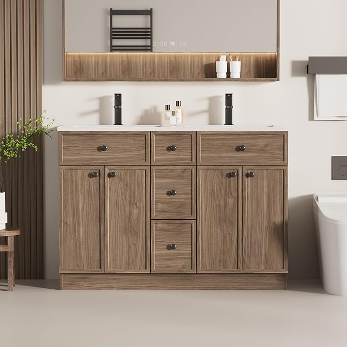LUCKWIND 48" Bathroom Vanity Sink Combo, Modern Bathroom Cabinet with Double Undermount Solid Surface Vanity Sink, Soft-Close Hinges & Water-Saving Faucet, Taupe