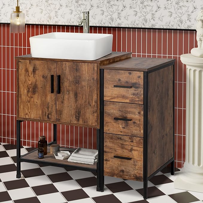 UEV 36" Antique Bathroom Vanity, Dark Brown Bathroom Vanity Set with Sink and 3 Drawers Side Cabinet Combo, Iron Wood Bathroom Cabinet with Adjustable Water Temperature Faucet (T03)