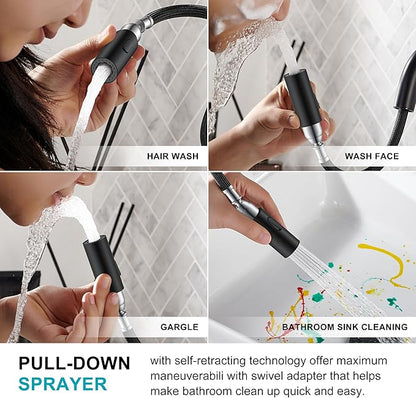 KENES Matte Black Tall Bathroom Faucet with Pull Out Sprayer, Pull Down Vessel Sink Faucet 1 Hole, Single Handle High Vanity Faucet with Pop Up Drain & Supply Lines, LJ-9065A-2