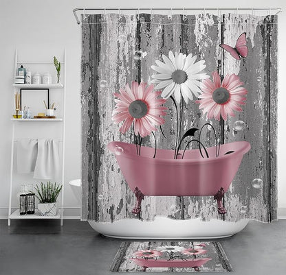 HVEST Farmhouse Pink Floral Bathroom Set With Shower Curtain and Rugs - Grey and White Daisy Flower in Bathtub With Butterfly on Vintage Wood - 70L X 70W Inch