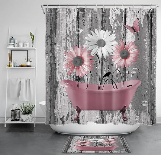 HVEST Farmhouse Pink Floral Bathroom Set With Shower Curtain and Rugs - Grey and White Daisy Flower in Bathtub With Butterfly on Vintage Wood - 70L X 70W Inch