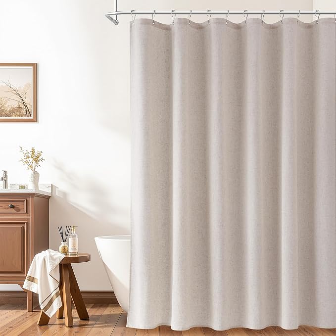 Extra Long Linen Shower Curtain 90 Inch Long Shower Curtains Set with Hooks for Bathroom Boho Farmhouse Fabric Neutral Cloth Modern Cottage Core Waterproof,Birch Beige