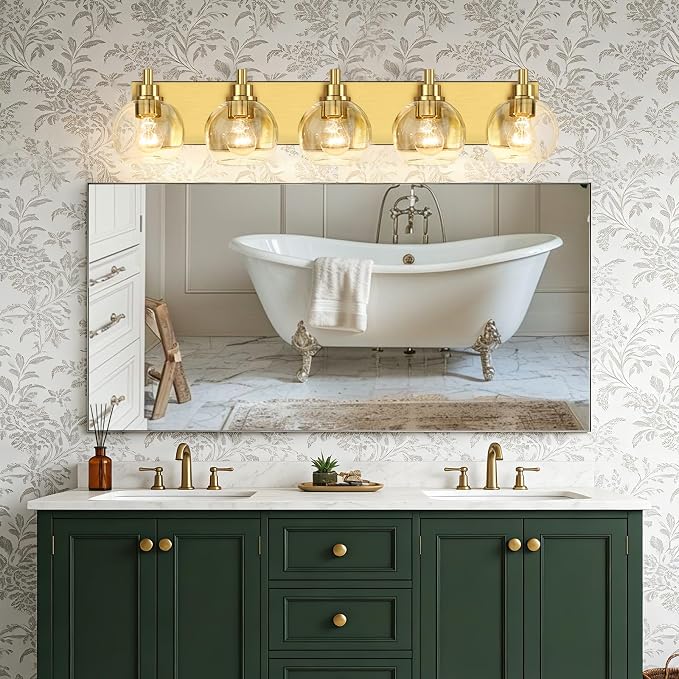 IZORRO Bathroom Light Fixtures, 5-Light Brushed Gold Vanity Light, Modern Wall Sconces with Globe Clear Glass Shade, Vanity Lighting Fixtures Over Mirror,E26 Bulb Socket