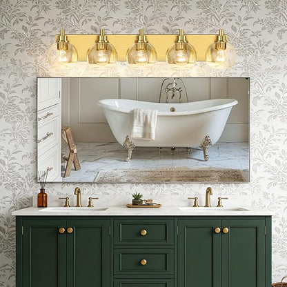 IZORRO Bathroom Light Fixtures, 5-Light Brushed Gold Vanity Light, Modern Wall Sconces with Globe Clear Glass Shade, Vanity Lighting Fixtures Over Mirror,E26 Bulb Socket