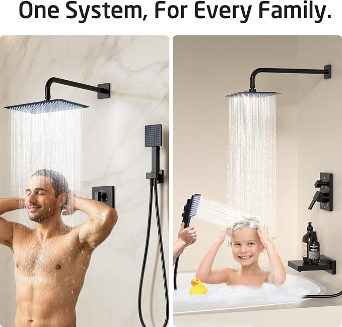 KES Black Bathtub Shower Faucet Set with 12" Rectangle Rain Shower Head, Shower System with 3-Modes Handheld Spray and Waterfall Tub Spout, cUPC Anti-Scald Valve included, XB6336S12-BK