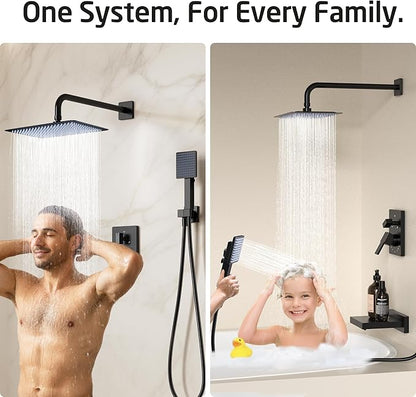 KES Black Bathtub Shower Faucet Set with 12" Rectangle Rain Shower Head, Shower System with 3-Modes Handheld Spray and Waterfall Tub Spout, cUPC Anti-Scald Valve included, XB6336S12-BK