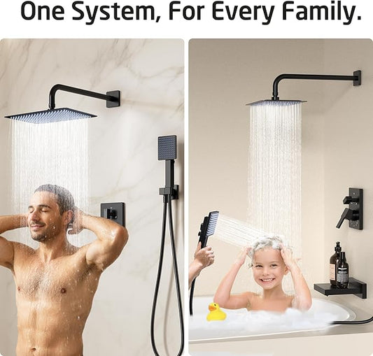 KES Black Bathtub Shower Faucet Set with 12" Rectangle Rain Shower Head, Shower System with 3-Modes Handheld Spray and Waterfall Tub Spout, cUPC Anti-Scald Valve included, XB6336S12-BK