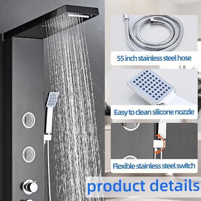 6 in1 Multi-Function Shower Panel Tower System-Brushed Black | 304 stainless steel Shower Panel Column Tower with Powerful Body Massage, Rainfall, Waterfall,Handheld and Tub Spout