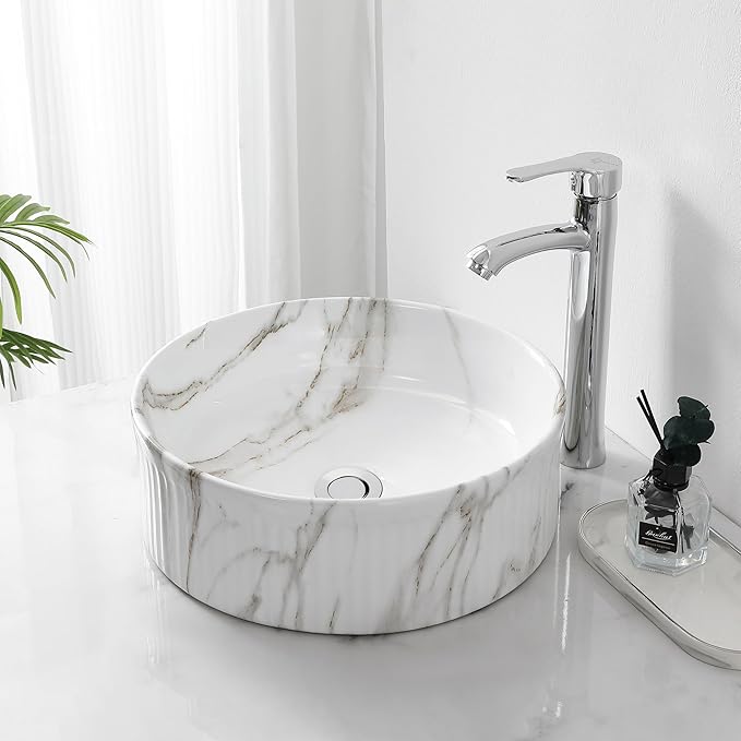 JONATHAN Y SNK1006C 14.75" Round Bathroom Vessel Sink, Modern White Marble Finish Ceramic Above Counter Sink Bowl with Ribbed Exterior, Art Deco Designer Vanity Basin for Powder Rooms