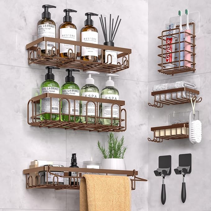 DTUQYX Shower Caddy 9 Pack,Adhesive Organizer for Bathroom Decor Accessories & Kitchen Storage,No Drilling,Large Capacity,Rustproof Stainless Steel Organizer,Home Decor Shelves (Brown 9 Pack)
