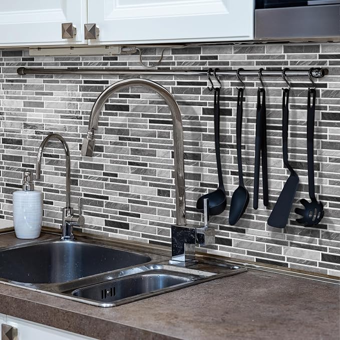 Alwayspon 10 Sheets 12" x12inch Grey Marble Effect Vinyl Tiles, Backsplash, Self-Adhesive Peel and Stick Wall Tile Stickers, Stick on Subway Tiles for Kitchen Bathroom Wall Decor