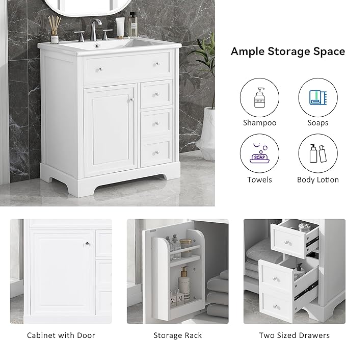 LUMISOL 30" Bathroom Vanity with Sink Combo, Solid Wood Bathroom Vanity with 2 Drawers and Storage Racks on Door, Freestanding Bathroom Storage Cabinet with Ceramic Basin Sink, White