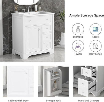 LUMISOL 30" Bathroom Vanity with Sink Combo, Solid Wood Bathroom Vanity with 2 Drawers and Storage Racks on Door, Freestanding Bathroom Storage Cabinet with Ceramic Basin Sink, White