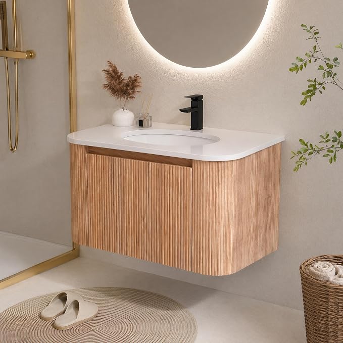 30 Inch Wall Mounted Bathroom Vanity with Ceramic Sink, Pre-Assembled Floating Vanity Cabinet with Marble Countertop, Wave Texture Finish & Drawer, Wood