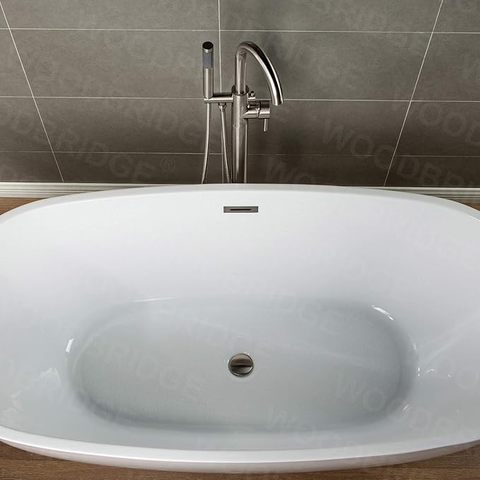 Woodbridge F0001BNRD Contemporary Single Handle Floor Mount Freestanding Tub Filler Faucet with Hand Shower in Brushed Nickel Finish