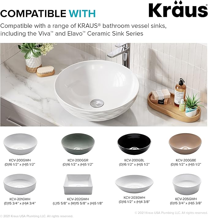 KRAUS Bathroom Sink Pop-Up Drain Assembly in Chrome for Vessel Sinks and Sinks without Overflow, with Extended Thread for Thicker Countertops, PU-L10CH
