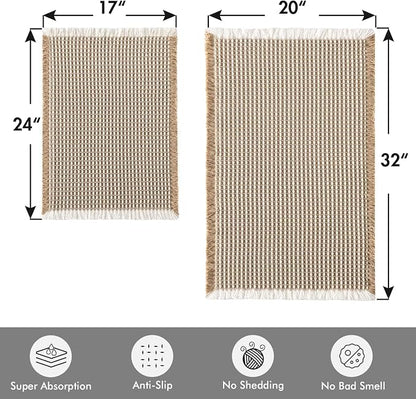 MIULEE Set of 2 Waffle Bathroom Rugs Brown&White Bath Mat 17"x24"+20"x32" | Non Slip, Super Absorbent, Washable, Ultra Soft, Rubber Backed Bath Rugs for Bathroom Floor Tub Shower, Boho Decor