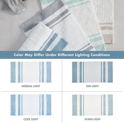 Madison Park Reversible Spa Rug 100%-Cotton Striped Ultra Soft Water Fast Bath Non-Slip Absorbent Quick Dry Mats for Tub, Shower Room, and Bathroom, 27"x45", Blue (MP72-6211) | Quick Dry, Ultra Soft, Pile, Machine Washable, Plush, OEKO-TEX Certified