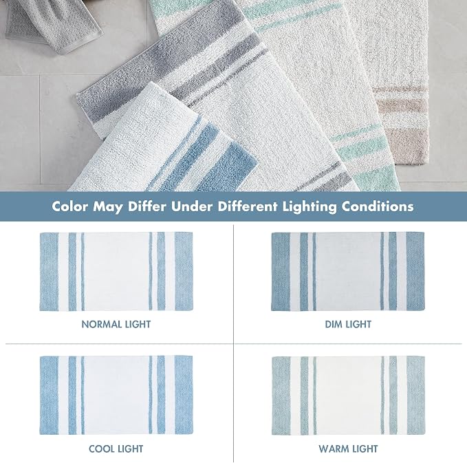 Madison Park Reversible Spa Rug 100%-Cotton Striped Ultra Soft Water Fast Bath Non-Slip Absorbent Quick Dry Mats for Tub, Shower Room, and Bathroom, 24"x72", Blue (MP72-6212) | Quick Dry, Ultra Soft, Pile, Machine Washable, Plush, OEKO-TEX Certified