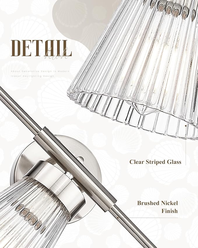 HWH INVESTMENT 3-Light Bathroom Vanity Light, Brushed Nickel, 5HZG97B-3W BN | 24.1-Inch Hardwired Wall Light with Clear Striped Glass; 3 E26 Bulbs, Max 60W Each; Bulbs Not Included