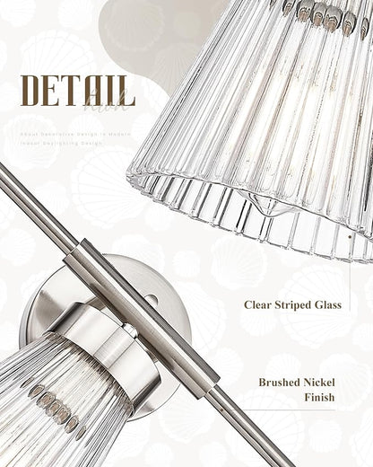 HWH INVESTMENT 3-Light Bathroom Vanity Light, Brushed Nickel, 5HZG97B-3W BN | 24.1-Inch Hardwired Wall Light with Clear Striped Glass; 3 E26 Bulbs, Max 60W Each; Bulbs Not Included