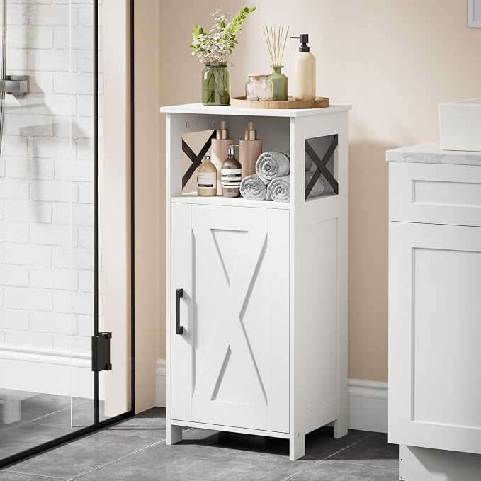 Homhedy Farmhouse Bathroom Storage Cabinet with Doors, Small Floor Cabinet | Toilet Paper Cabinet with Adjustable Shelf, Freestanding Storage Cabinet for Kitchen/Laundry/Living Room, 14"W, White