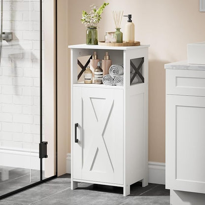 Homhedy Farmhouse Bathroom Storage Cabinet with Doors, Small Floor Cabinet | Toilet Paper Cabinet with Adjustable Shelf, Freestanding Storage Cabinet for Kitchen/Laundry/Living Room, 14"W, White