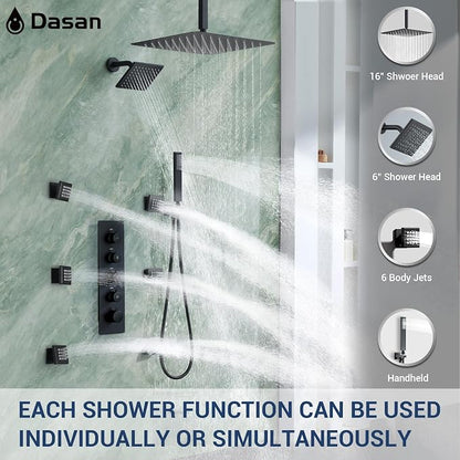 Dasan Thermostatic Dual Shower Head System with 6 Body Jets, 6-Inch Shower Head & 16” Rainfall Shower, Luxury Matte Black Shower Faucet Set Rain Shower Head System for Couples/ 2-Person