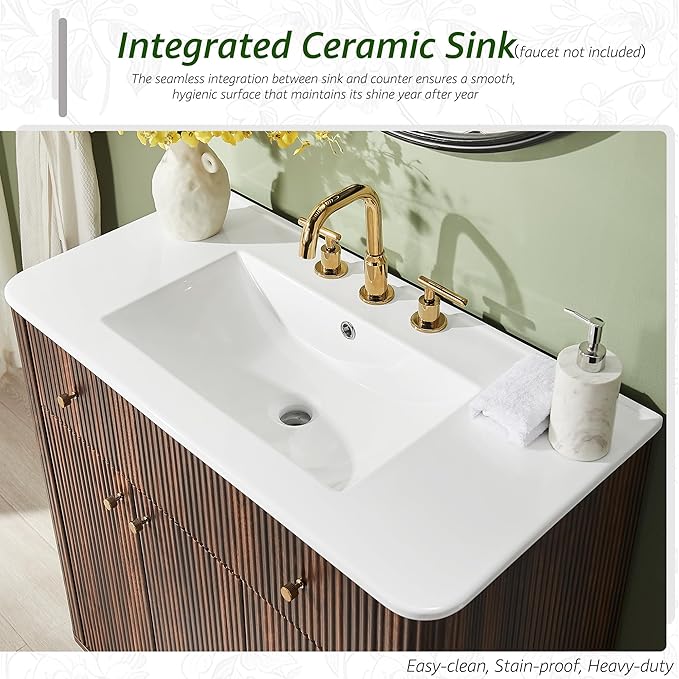 T4TREAM 36 Inch Bathroom Vanity with Sink, Modern Fluted Single Bathroom Vanity with Sink with Storage Cabinet, Adjustable Shelf and 3 Small Drawers, Dark Walnut