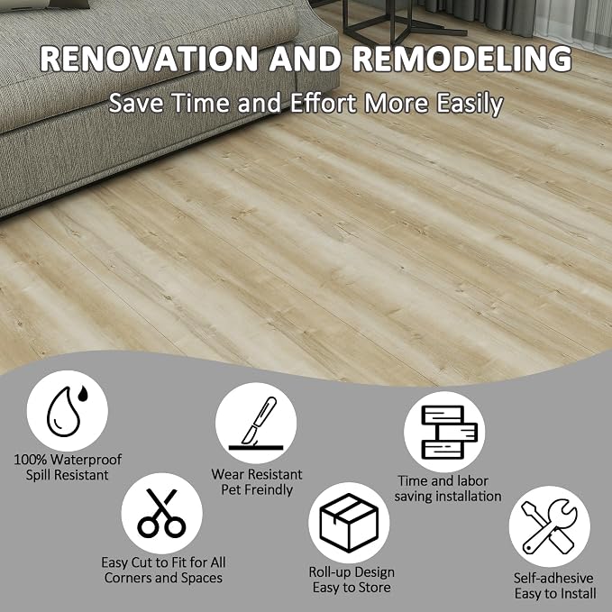 52 Sq.Ft Lareko Peel & Stick Vinyl Flooring Roll | 630" Length x 11.8" Wide Plank Floor, Waterproof Ash Wood Grain Self-Adhesive Sheet ,Non-Slip,Easy DIY Home Decor