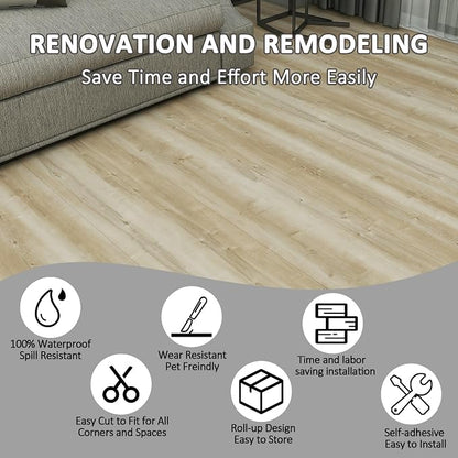 52 Sq.Ft Lareko Peel & Stick Vinyl Flooring Roll | 630" Length x 11.8" Wide Plank Floor, Waterproof Ash Wood Grain Self-Adhesive Sheet ,Non-Slip,Easy DIY Home Decor