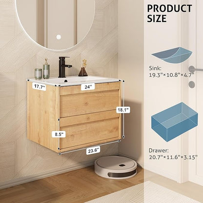 eclife 24" Floating Bathroom Vanity Sink Combo, Wall Mounted Modern Minimalist Storage Cabinet with 2 Drawers, Include Sink, Faucet & Drain, Natural