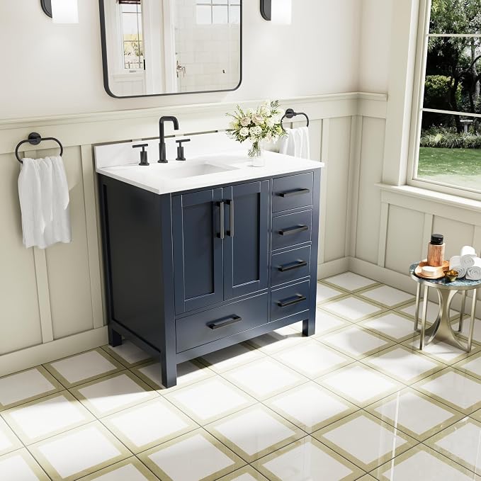 36-Inch Bathroom Vanity with Sink, 2 Soft-Close Doors and 5 Soft-Close Drawers, Bathroom Freestanding Vanity with Cultured Marble Countertop, Bathroom Navy Blue Vanity With Matte Black Handles