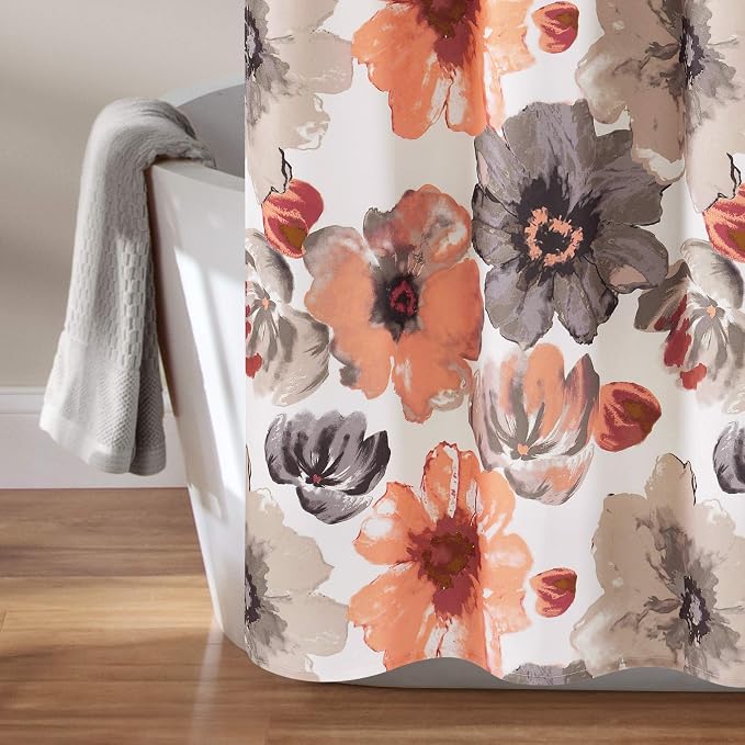 Lush Decor Leah Floral Shower Curtain, 72" W x 72" L, Coral & Gray - Fabric Shower Curtains - Watercolor Botanical Bathroom Curtain - Farmhouse & French Country Decor