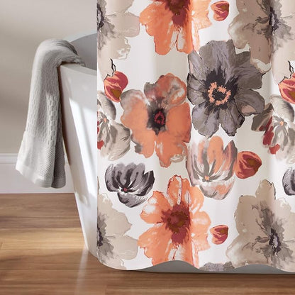 Lush Decor Leah Floral Shower Curtain, 72" W x 72" L, Coral & Gray - Fabric Shower Curtains - Watercolor Botanical Bathroom Curtain - Farmhouse & French Country Decor