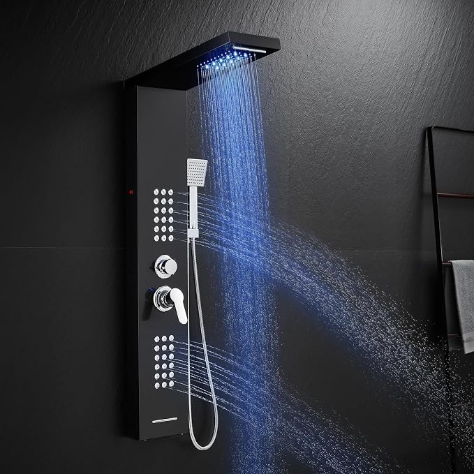 ROVATE 5 in 1 LED Rainfall Waterfall Shower Panel Tower System, Black | High Pressure Stainless Steel Shower Column with Tub Spout, Powerful Body Jets, Flexible Handheld, Brass Mixing Valve Body