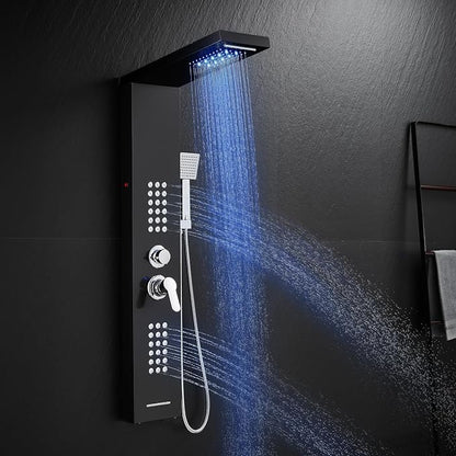 ROVATE 5 in 1 LED Rainfall Waterfall Shower Panel Tower System, Black | High Pressure Stainless Steel Shower Column with Tub Spout, Powerful Body Jets, Flexible Handheld, Brass Mixing Valve Body