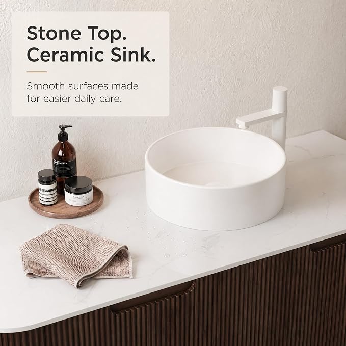 48 Inch Bathroom Vanity with Sink, Floating Wall Mounted Single Sink Vanity, Dark Walnut Curved Fluted Front, Stone Top, Pure White Round Vessel Basin, Pre-Assembled