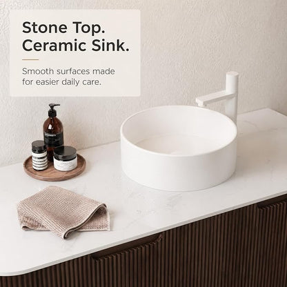 48 Inch Bathroom Vanity with Sink, Floating Wall Mounted Single Sink Vanity, Dark Walnut Curved Fluted Front, Stone Top, Pure White Round Vessel Basin, Pre-Assembled
