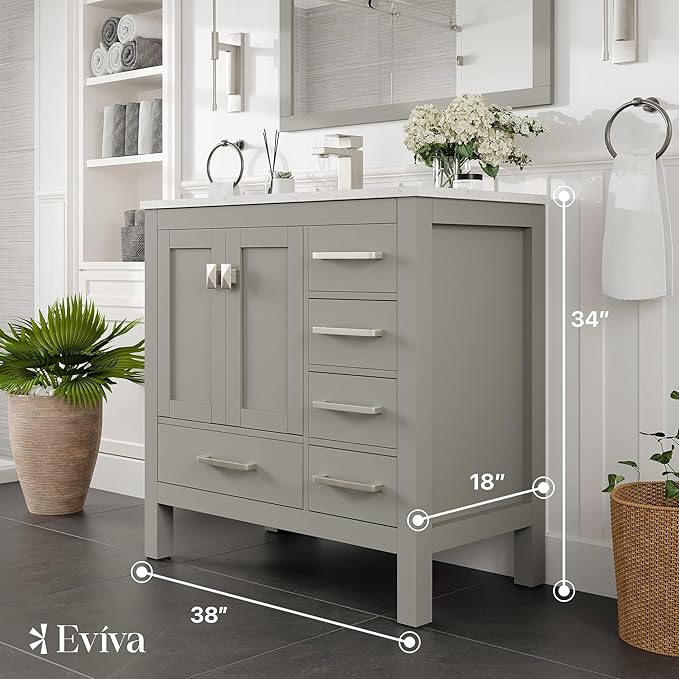 Eviva London 38 Inch Bathroom Vanity in Grey with Quartz Countertop and Porcelain Sink - 38" Single Sink Bathroom Vanity - 38 in Bathroom Vanities & Modern Bathroom Sink Cabinet for Storage and Style