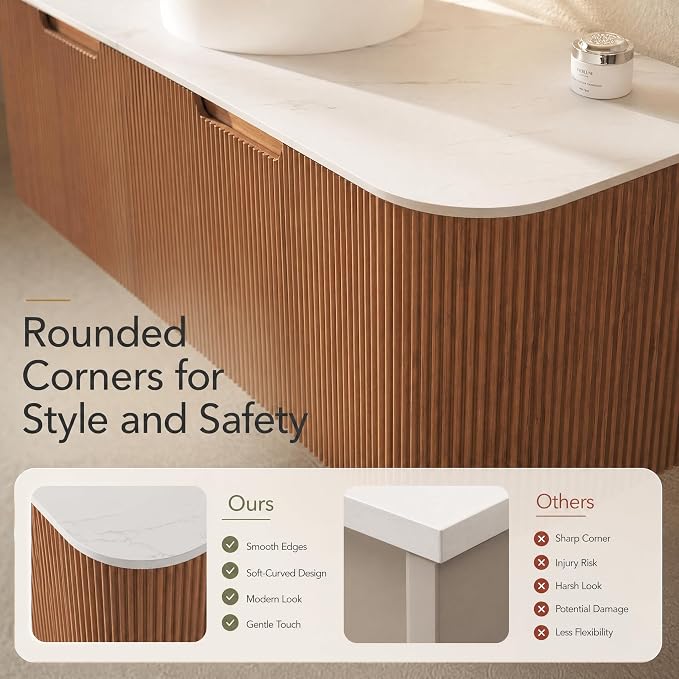 48 Inch Bathroom Vanity with Sink, Floating Wall Mounted Single Sink Vanity, Natural Woodgrain Curved Fluted Front, Stone Top, Pure White Round Vessel Basin, Pre-Assembled