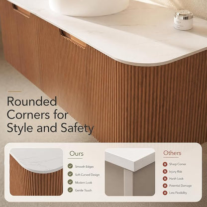 48 Inch Bathroom Vanity with Sink, Floating Wall Mounted Single Sink Vanity, Natural Woodgrain Curved Fluted Front, Stone Top, Pure White Round Vessel Basin, Pre-Assembled
